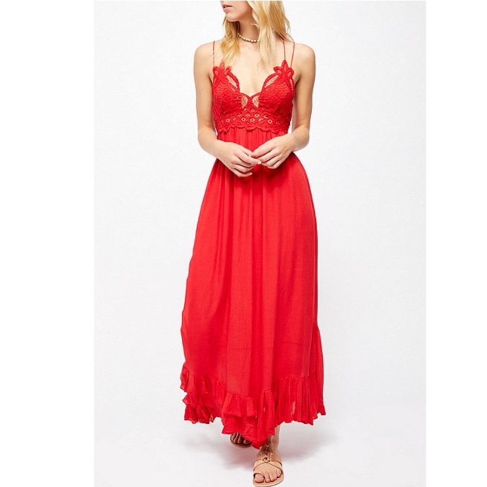 Free People Adella Maxi Long Red Lace Dress